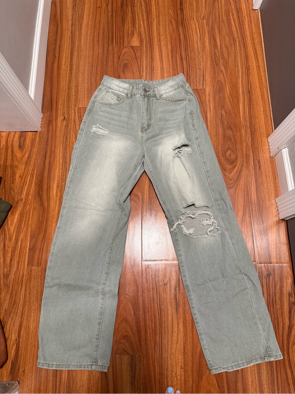 SHEIN Olive Green Distressed Wide Leg Jeans